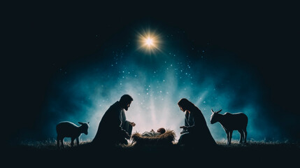 Nativity Scene with Holy Family and Star of Bethlehem at Night