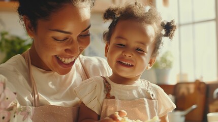A loving mother-child baking session in a charming kitchen, with both in aprons and showing happy expressions.