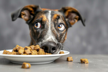 Adorable Dog with Curious Expression Sniffing a Plate of Tasty Treats