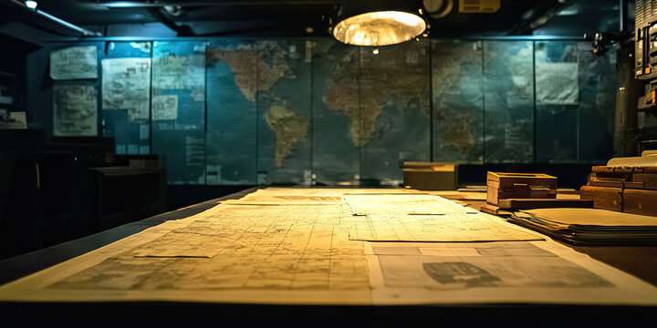 Shadow A dark room filled with war strategy maps and documents.
