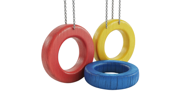 Colorful Wooden Rings Hanging on Chains Against Abstract Background