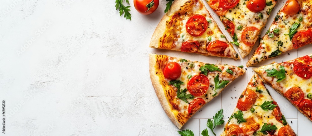 Poster Delicious pizza toasts with fresh tomatoes and parsley on a white tiled table overhead view Room for text. with copy space image. Place for adding text or design