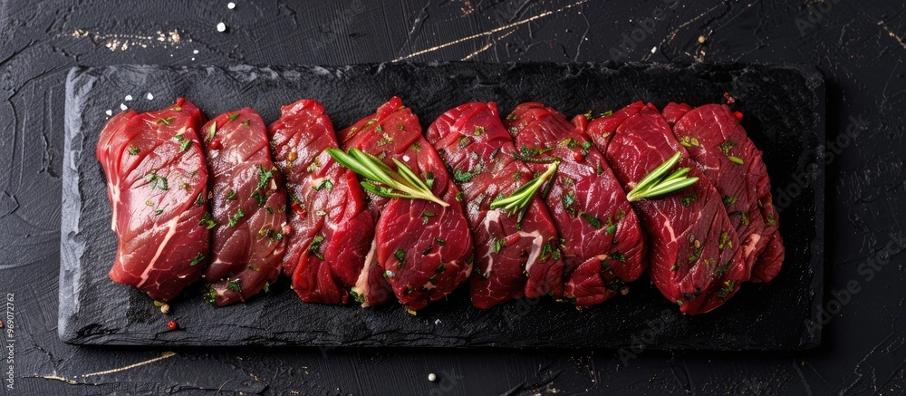Poster Topside sirloin beef cut raw meat seasoned with spices Black background Top view. with copy space image. Place for adding text or design