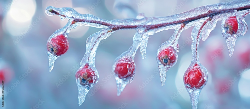 Poster Nature trapped in ice following a storm Ice storm in Toronto ice droplets on branches Attractive backdrop shallow depth of field with copyspace Icicles on red berries