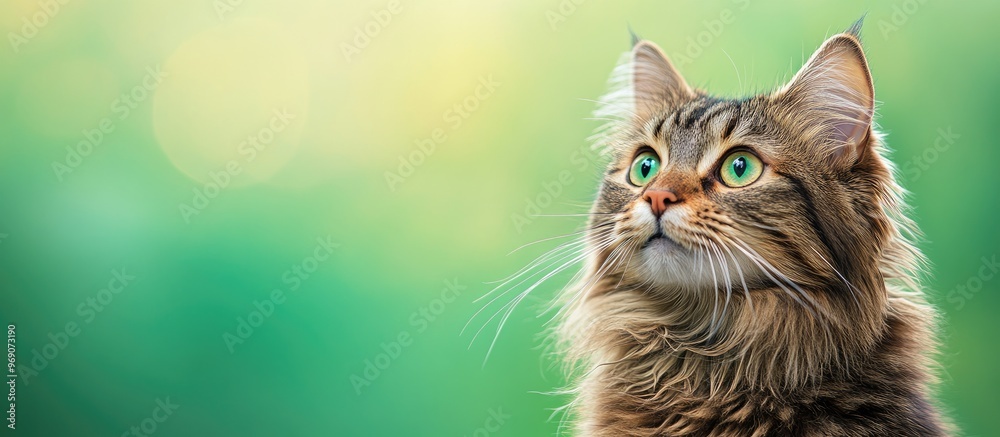 Poster portrait of a long haired tabby cat gazing to the viewer s right with a skeptical look green backgro