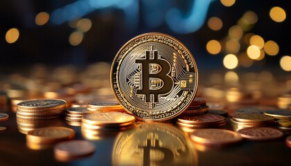 Bitcoin,Financial theme depicting a bitcoin resting on a pile of coins. This image represents concepts of bitcoin money and wealth in global finance, bitcoin