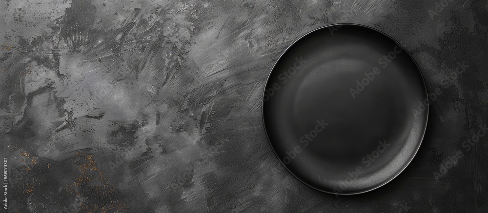 Poster Empty black square plate on dark slate Top view featuring copy space