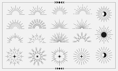 Obraz premium Sunburst icon collection. Radial rays. Light burst line shine sunshine sunbeam vintage border symbol