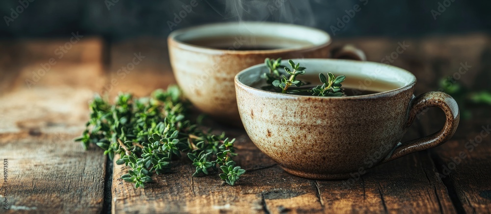 Poster Cup of fresh thyme tea on a wooden table room for text. with copy space image. Place for adding text or design