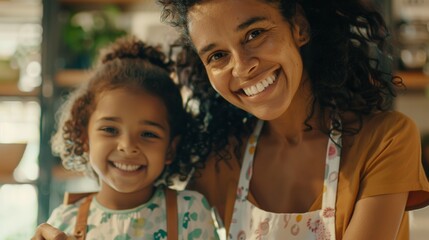Fototapeta premium Mother and child collaborate in baking, their aprons and friendly expressions capturing a warm family scene.