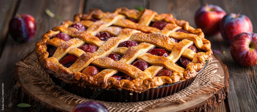 Aufkleber Homemade pie featuring plums and apples set against a dark wooden background Rustic style Selective focus. with copy space image. Place for adding text or design