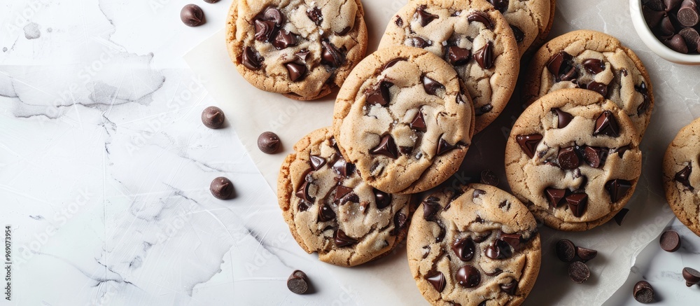 Fototapete cookies with dark chocolate chips set against a white background. with copy space image. place for a
