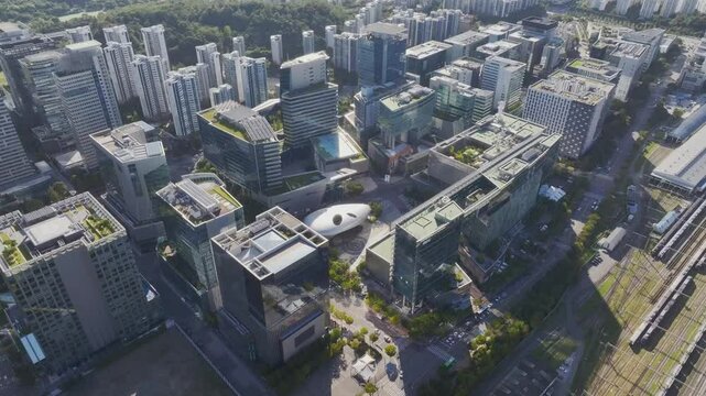 Drone View of Seoul city in South Korea, Sangam, broadcasting station, summer, 60fps