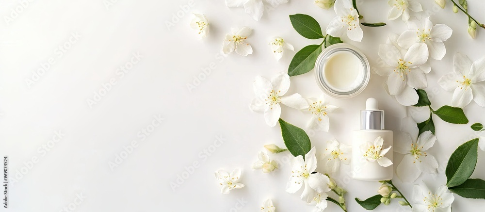 Poster Arrangement of lovely jasmine flowers and skincare items on a white table space for text. with copy space image. Place for adding text or design
