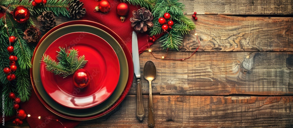 Aufkleber Christmas table setting featuring decor plates knife fork and spoon Holiday background for Christmas Top view. with copy space image. Place for adding text or design