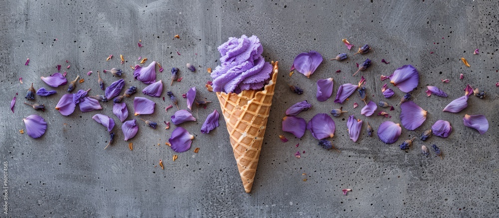 Poster violet dried flower with small petals in a waffle ice cream cone on a gray background copyspace