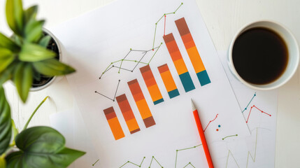 Business analytics visuals with colorful graphs, pencil, plant, and coffee, representing data analysis and corporate strategy.