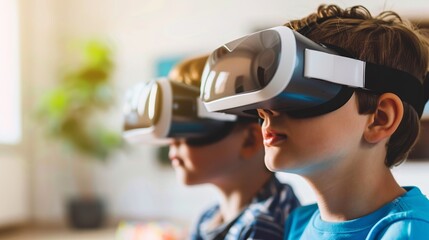 Closeup of two children playing a virtual reality game with VR headsets, surrounded by a bright and modern interior.