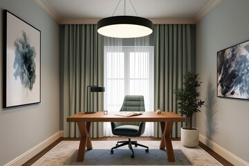 Fototapeta premium Elegant 3D Workspace Featuring Elm Writing Table and Plush Chair in Calming Overhead Light