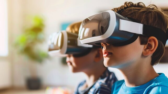 Closeup of two children playing a virtual reality game with VR headsets, surrounded by a bright and modern interior.