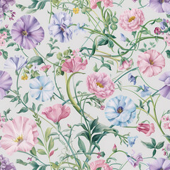 Obraz premium A beautifully painted floral pattern. It features a variety of flowers in shades of pink, purple, and blue, accompanied by green leaves andstems.
