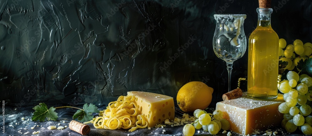 Aufkleber still life featuring pasta parmesan grapes and an ice cold lemon drink in a glass jar against a dark