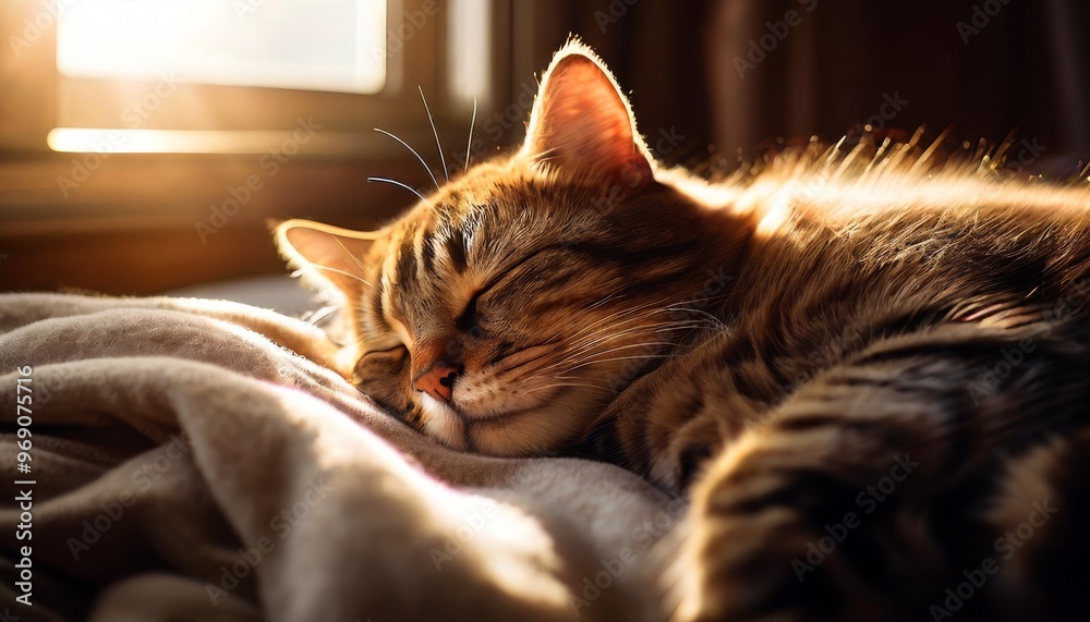 Wall mural a close-up shot of a tabby cat peacefully sleeping on a soft blanket, basking in the warm glow of su