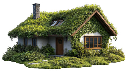 Fototapeta premium Green Roof Cottage with Stone Chimney and Lush Foliage