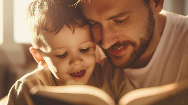 Father with his child on his lap, engaged in a peaceful reading session, embodying fatherly love.