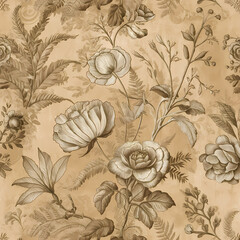 whimsical surface pattern with hand-drawn elements like leaves, flowers, and birds, arranged in a elegant design.