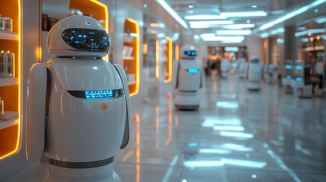 Futuristic autonomous shopping malls where robots manage every aspect of retail: Shoppers navigating a fully robotic shopping experience.