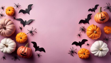 Halloween elements pumpkins, bats, ghosts, spiders on a bright background, with space for text, top view