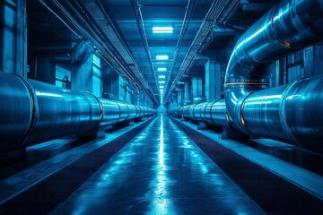 Fototapeta premium Industrial Corridor with Metallic Pipes and Blue Lighting