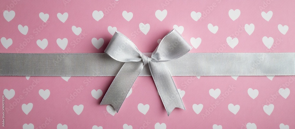 Poster pink craft wrapping paper with a white hearts pattern silver ribbon romantic present. with copy spac