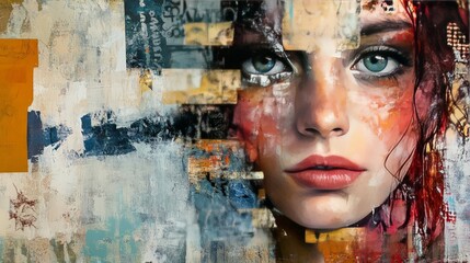 A striking mixed media artwork combining painting and collage elements. The blend