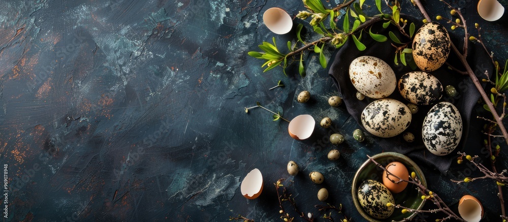 Aufkleber Vintage background featuring Easter eggs Antique kitchenware on a dark backdrop Easter setting with eggs and spring branches Top view with copyspace