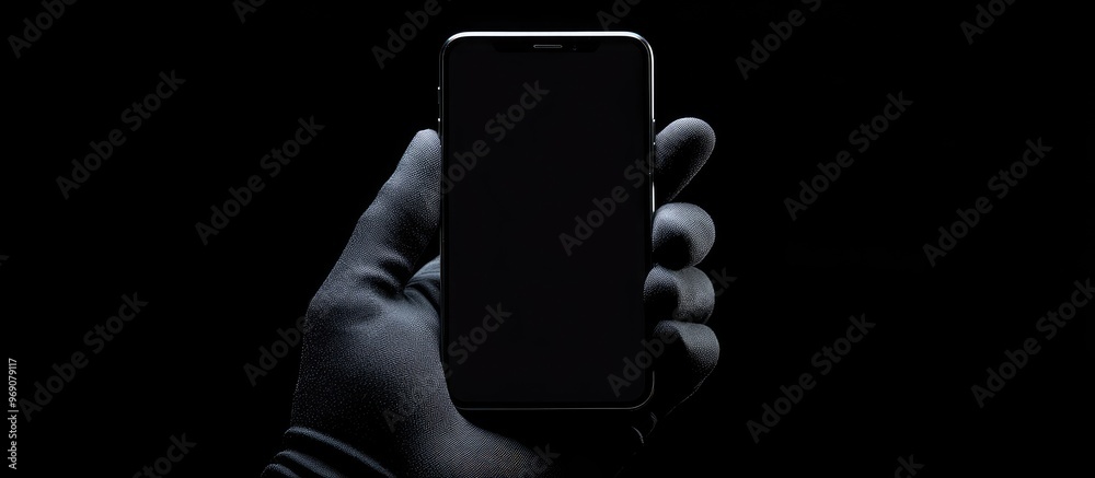 Poster Hand in a black glove holding a mobile phone with a blank screen against a black background Isolated with a clipping path. with copy space image. Place for adding text or design