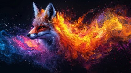 Semiabstract fox with its tail dissolving into vibrant neon swirls representing agility cleverness and transformation