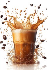 Dynamic splash of coffee with beans, capturing the essence of refreshment and energy in a vibrant, lively scene.