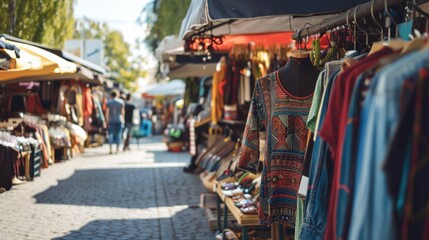 Naklejka premium Outdoor market with vendors selling clothing and accessories