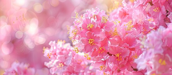 Fototapeta premium Pink crape myrtle flowers are blooming beautifully in front of the home. with copy space image. Place for adding text or design