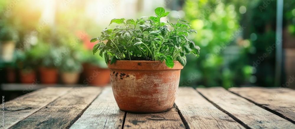 Poster gardening idea vegetable plants in a ceramic pot on an aged wooden table. with copy space image. pla