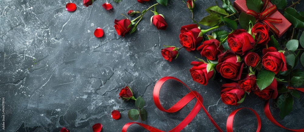 Poster holiday background for valentine s day featuring a bouquet of red roses tied with a red ribbon along