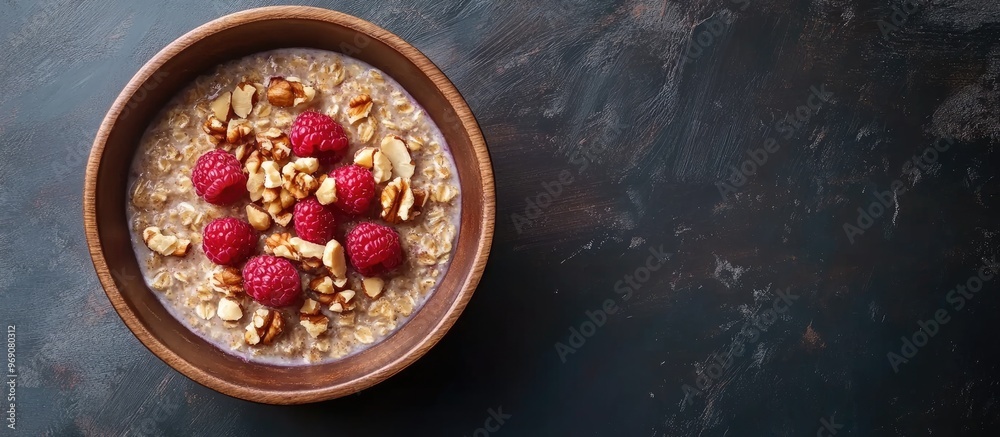 Leinwandbilder oatmeal topped with nuts and raspberries. with copy space image. Place for adding text or design