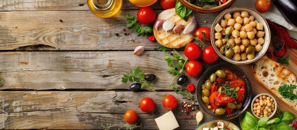 Poster mediterranean food ingredients on a white wooden table. with copy space image. place for adding text