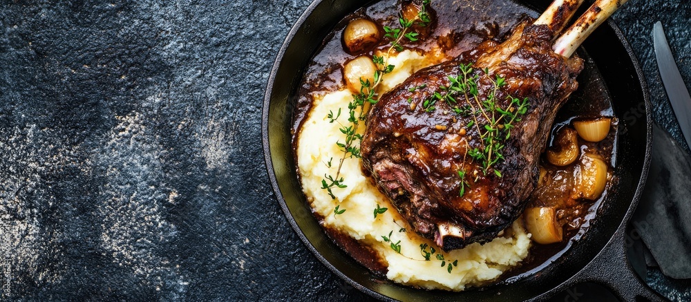 Poster modern style traditional braised slow cooked lamb shank in red wine sauce with shallots and mashed p