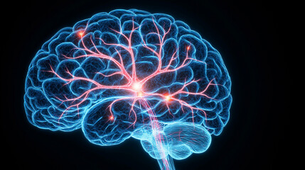 Dynamic Image of Brain Neurons and Chemical Interactions, Showcasing the Complexity of Neural Networks and Neurochemical Communication