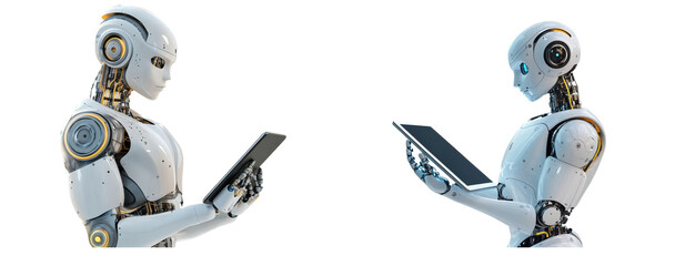 Set of AI robots using tablet, isolated on transparent background, futuristic technology concept