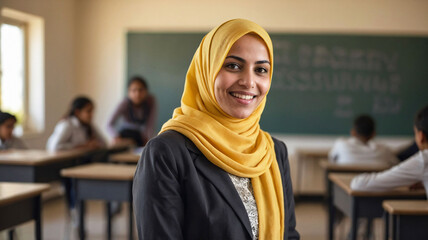 Happy Muslim woman teacher wearing hijab is standing in school classroom with students. Arabic woman and school education