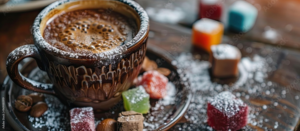 Poster Top view of Turkish coffee and Turkish delight arranged on a solid brown background. with copy space image. Place for adding text or design
